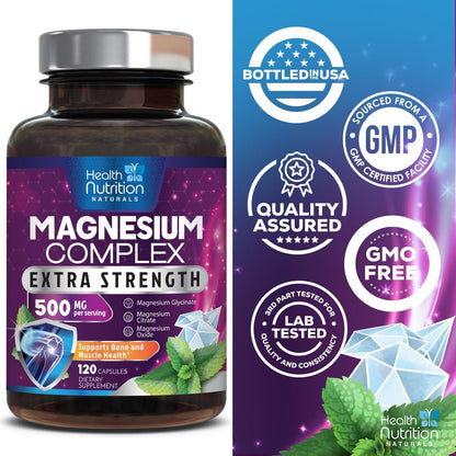 Magnesium Komplex 500mg pro Portion – Hochdosierte Magnesium-Kapseln mit maximaler Absorption für Muskel-, Nerven-, Knochen- und Herzgesundheit, Citrat-Komplex, glutenfrei, nicht-GVO – 120 Kapseln