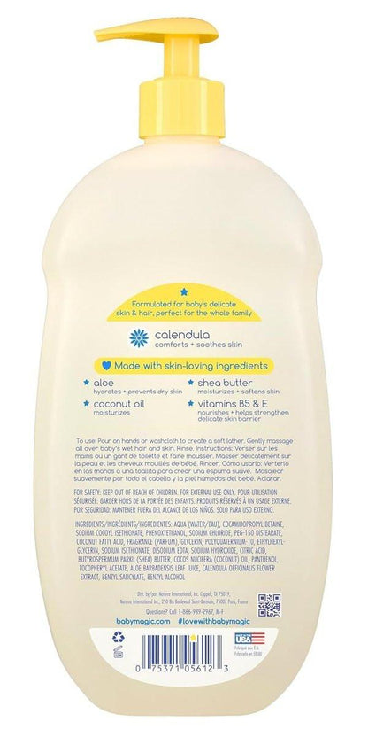Baby Magic Feuchtigkeitsspendendes Haar- & Körperwaschgel Calendula & Kokosnuss, speziell für die empfindliche Babyhaut, Soft Powder Duft, Tränenfrei, Hypoallergen, Dermatologen empfohlen, 30 Fl Oz