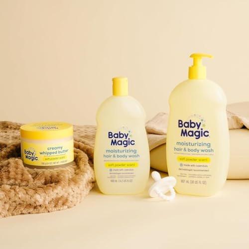 Baby Magic Feuchtigkeitsspendendes Haar- & Körperwaschgel Calendula & Kokosnuss, speziell für die empfindliche Babyhaut, Soft Powder Duft, Tränenfrei, Hypoallergen, Dermatologen empfohlen, 30 Fl Oz