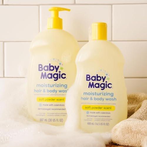Baby Magic Feuchtigkeitsspendendes Haar- & Körperwaschgel Calendula & Kokosnuss, speziell für die empfindliche Babyhaut, Soft Powder Duft, Tränenfrei, Hypoallergen, Dermatologen empfohlen, 30 Fl Oz
