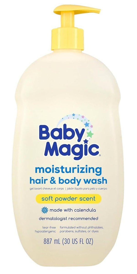 Baby Magic Feuchtigkeitsspendendes Haar- & Körperwaschgel Calendula & Kokosnuss, speziell für die empfindliche Babyhaut, Soft Powder Duft, Tränenfrei, Hypoallergen, Dermatologen empfohlen, 30 Fl Oz