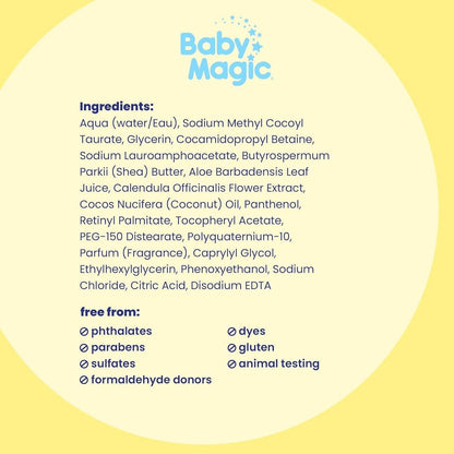 Baby Magic Feuchtigkeitsspendendes Haar- & Körperwaschgel Calendula & Kokosnuss, speziell für die empfindliche Babyhaut, Soft Powder Duft, Tränenfrei, Hypoallergen, Dermatologen empfohlen, 30 Fl Oz