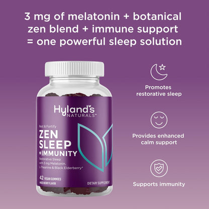 Hyland's Rest and Fortify Zen Schlafhilfe und Immununterstützung, 42 vegane Gummibärchen, mit Melatonin und L-Theanin für besseren Schlaf sowie Bio-Holunderbeere, Vitamin C und Zink