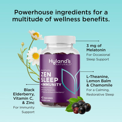 Hyland's Rest and Fortify Zen Schlafhilfe und Immununterstützung, 42 vegane Gummibärchen, mit Melatonin und L-Theanin für besseren Schlaf sowie Bio-Holunderbeere, Vitamin C und Zink