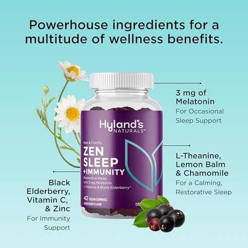 Hyland's Rest and Fortify Zen Schlafhilfe und Immununterstützung, 42 vegane Gummibärchen, mit Melatonin und L-Theanin für besseren Schlaf sowie Bio-Holunderbeere, Vitamin C und Zink