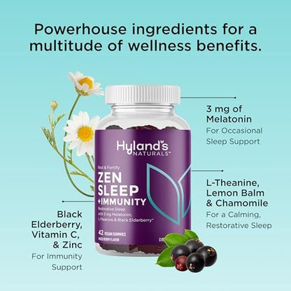 Hyland's Rest and Fortify Zen Schlafhilfe und Immununterstützung, 42 vegane Gummibärchen, mit Melatonin und L-Theanin für besseren Schlaf sowie Bio-Holunderbeere, Vitamin C und Zink