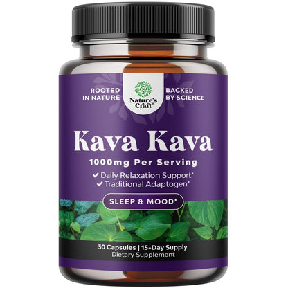 Natures Craft Kava Kava Wurzelextrakt 1000mg pro Portion – Schnell wirkende pflanzliche Unterstützung für ausgeglichene Stimmung – Entspannungskapseln für Stressabbau & besseren Schlaf – 30 Kapseln