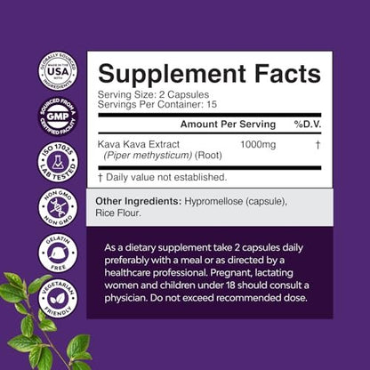 Natures Craft Kava Kava Wurzelextrakt 1000mg pro Portion – Schnell wirkende pflanzliche Unterstützung für ausgeglichene Stimmung – Entspannungskapseln für Stressabbau & besseren Schlaf – 30 Kapseln