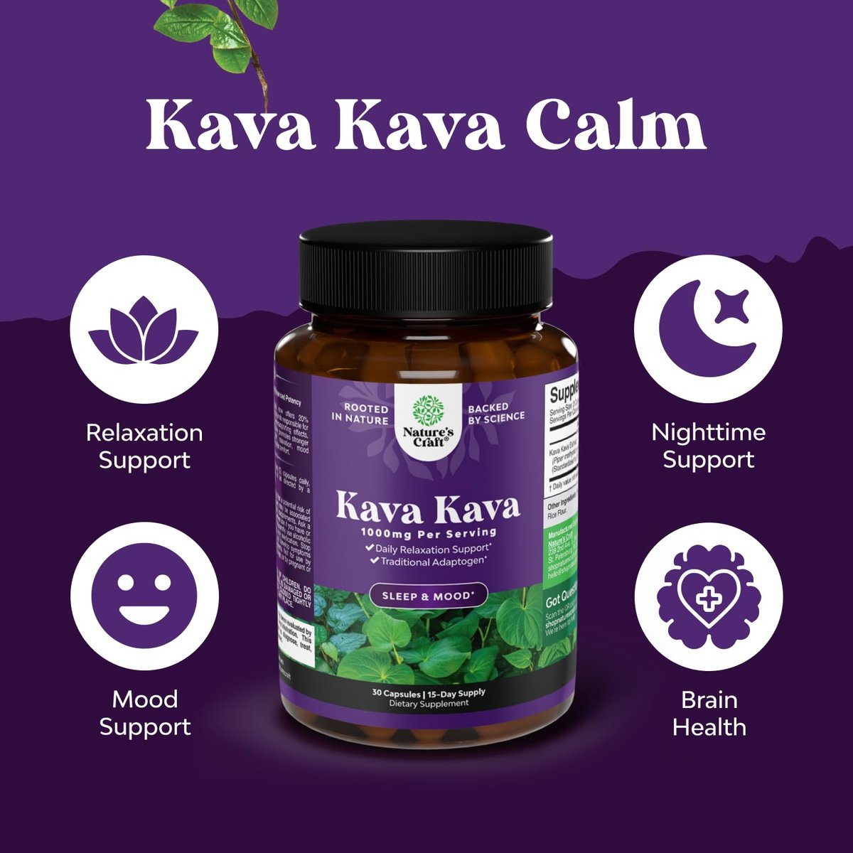 Natures Craft Kava Kava Wurzelextrakt 1000mg pro Portion – Schnell wirkende pflanzliche Unterstützung für ausgeglichene Stimmung – Entspannungskapseln für Stressabbau & besseren Schlaf – 30 Kapseln