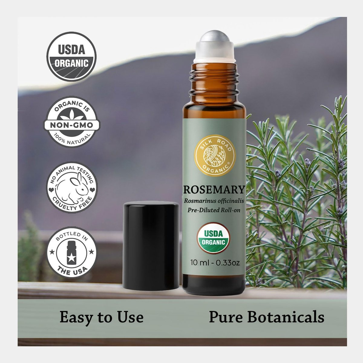 Silk Road Organic Bio Rosmarinöl & Jojoba Roll-On – USDA-zertifiziert, Fördert Haarwachstum & Gesundheit – 10 ml Aromatherapie-Roller