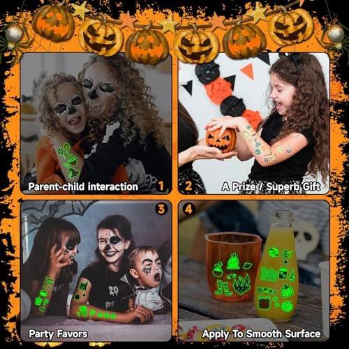EMOME 500+ Stile Glow Halloween Tattoos für Kinder Bulk, Süße temporäre Tattoo Aufkleber für Kinder, Halloween Geschenke Party Zubehör Dekorationen für Jungen Mädchen (56 Blatt)
