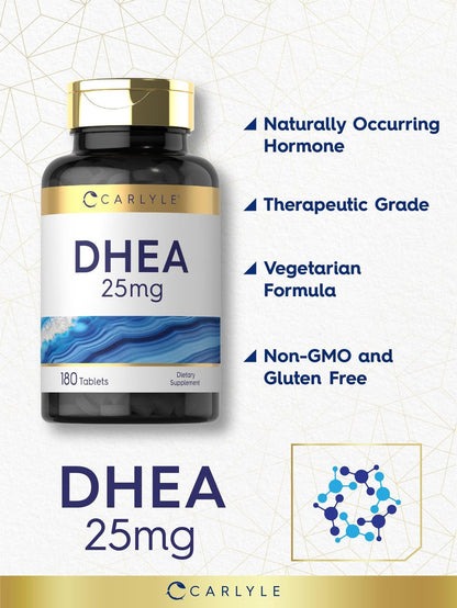 Carlyle DHEA Nahrungsergänzungsmittel für Frauen und Männer | 25 mg | 180 Tabletten | Vegetarisch, Nicht-GVO und Glutenfrei