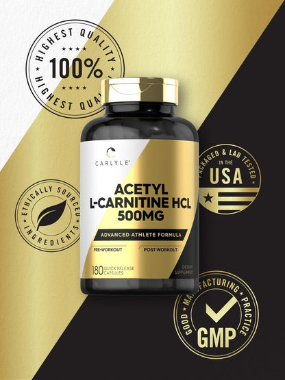 Carlyle Acetyl-L-Carnitin HCL Kapseln | 500 mg pro Portion | 180 Kapseln | Fortschrittliche Athletenformel | Non-GMO & Glutenfrei