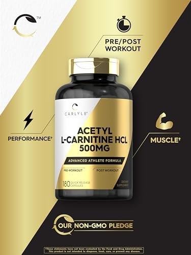 Carlyle Acetyl-L-Carnitin HCL Kapseln | 500 mg pro Portion | 180 Kapseln | Fortschrittliche Athletenformel | Non-GMO & Glutenfrei