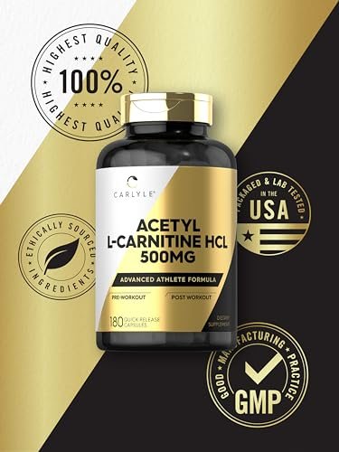 Carlyle Acetyl-L-Carnitin HCL Kapseln | 500 mg pro Portion | 180 Kapseln | Fortschrittliche Athletenformel | Non-GMO & Glutenfrei