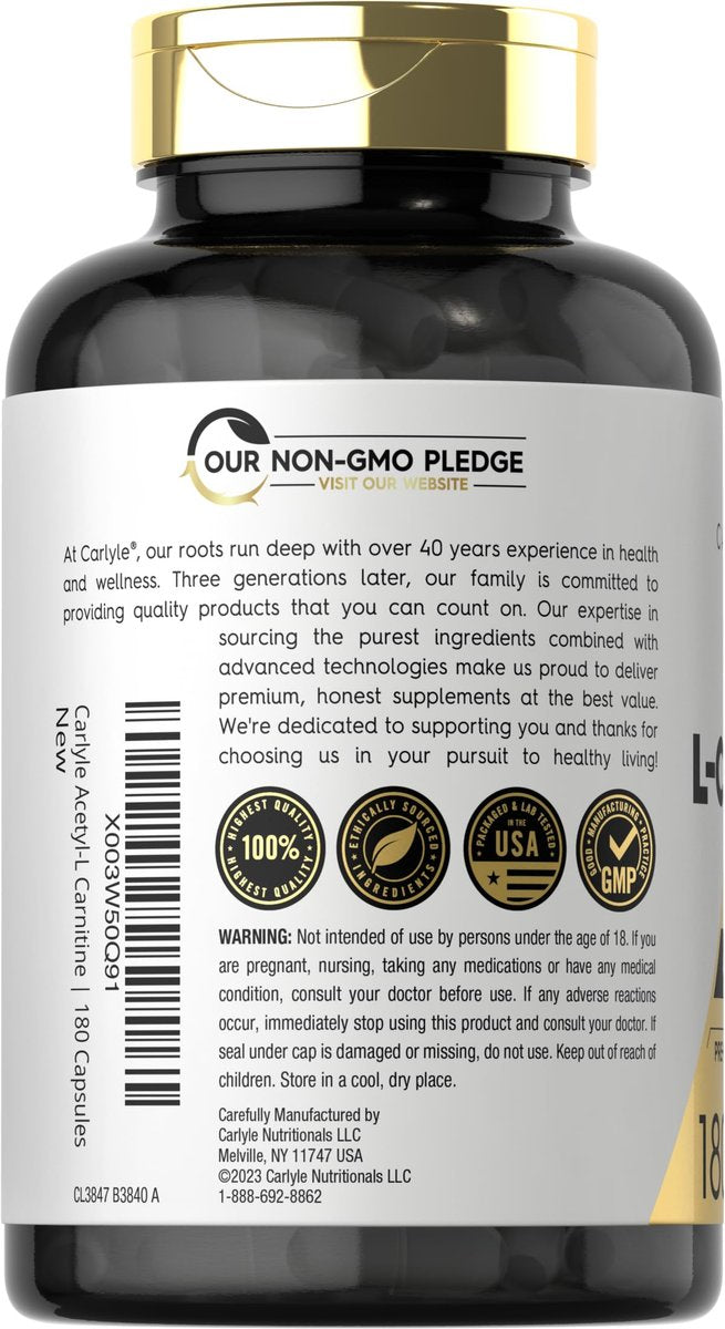 Carlyle Acetyl-L-Carnitin HCL Kapseln | 500 mg pro Portion | 180 Kapseln | Fortschrittliche Athletenformel | Non-GMO & Glutenfrei