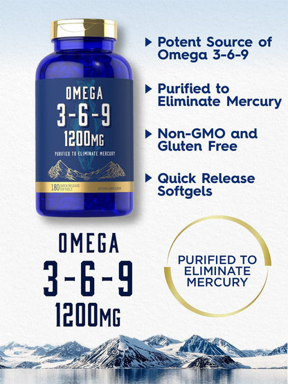 Carlyle Omega 3-6-9 Kapseln | 1.200 mg | 180 Weichkapseln | Dreifacher Omega-Komplex mit Fisch-, Leinsamen- und Borretschöl | EPA & DHA | Non-GMO & Glutenfrei
