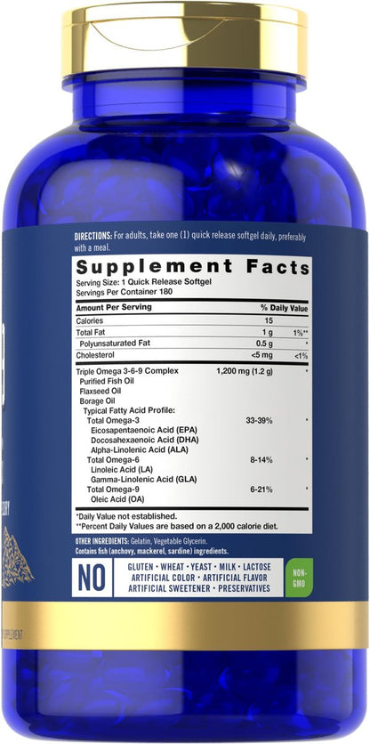 Carlyle Omega 3-6-9 Kapseln | 1.200 mg | 180 Weichkapseln | Dreifacher Omega-Komplex mit Fisch-, Leinsamen- und Borretschöl | EPA & DHA | Non-GMO & Glutenfrei