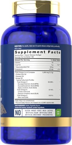 Carlyle Omega 3-6-9 Kapseln | 1.200 mg | 180 Weichkapseln | Dreifacher Omega-Komplex mit Fisch-, Leinsamen- und Borretschöl | EPA & DHA | Non-GMO & Glutenfrei