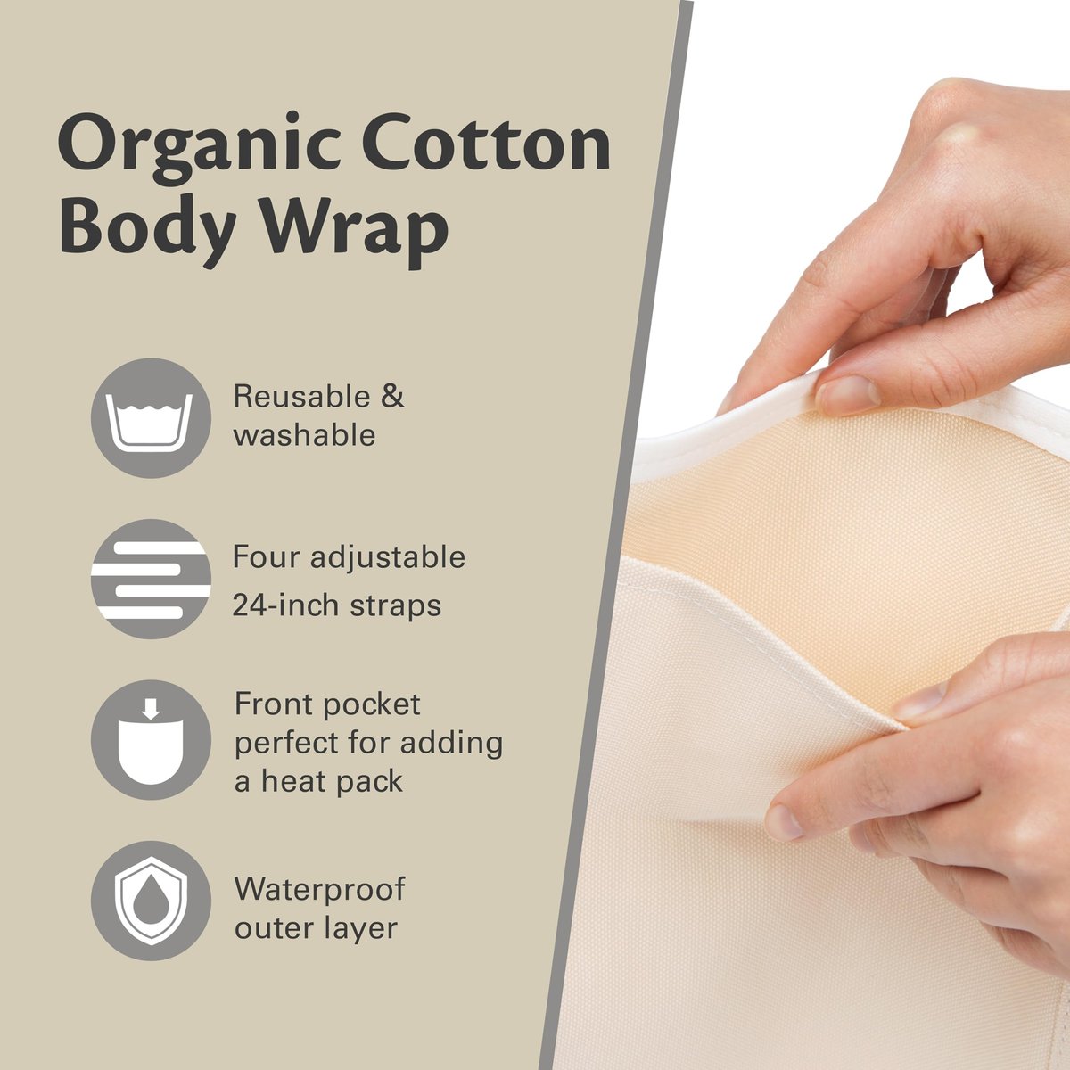 Rizinusöl-Wrap aus Bio-Baumwolle – Wiederverwendbare, verstellbare Packung mit strapazierfähigen Riemen und auslaufsicherer Außenschicht – Bauchwickel für Rizinusöl-Detox und Wellness (Beige)