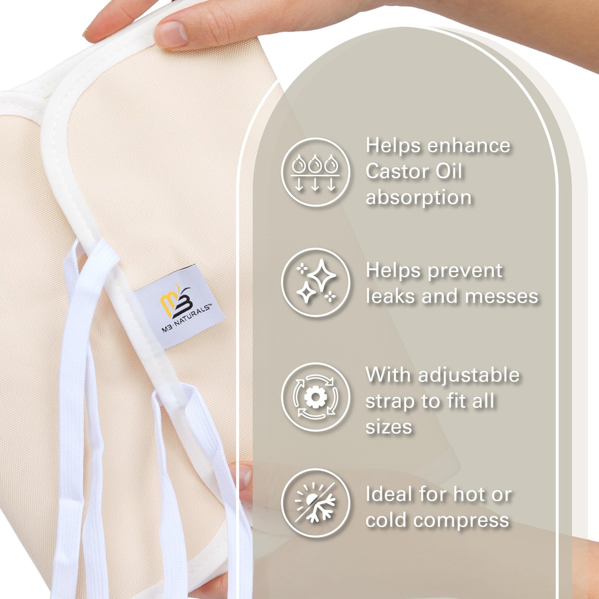 Rizinusöl-Wrap aus Bio-Baumwolle – Wiederverwendbare, verstellbare Packung mit strapazierfähigen Riemen und auslaufsicherer Außenschicht – Bauchwickel für Rizinusöl-Detox und Wellness (Beige)