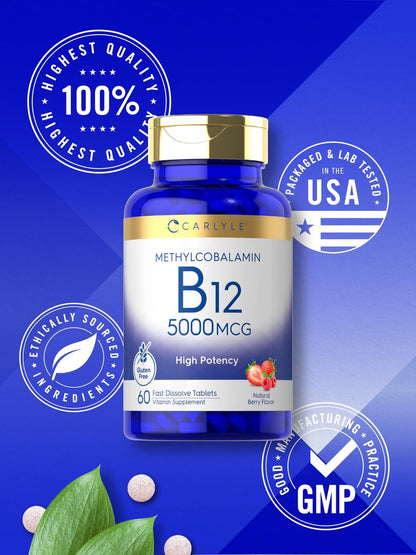 Carlyle Methylcobalamin Vitamin B12 5000mcg – 60 Schnellzerfalltabletten für Erwachsene, Vegetarier, Nicht-GVO & Glutenfrei