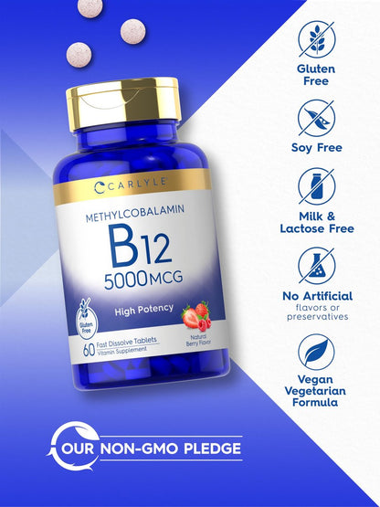 Carlyle Methylcobalamin Vitamin B12 5000mcg – 60 Schnellzerfalltabletten für Erwachsene, Vegetarier, Nicht-GVO & Glutenfrei