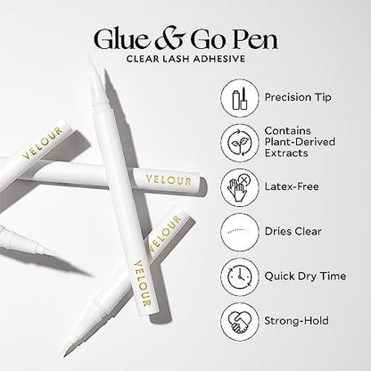 Velour Lashes Glue & Go Pen – Transparenter Wimpernklebestift mit Präzisionsspitze, anfängerfreundlich, trocknet klar, dermatologisch getestet