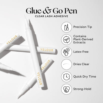 Velour Lashes Glue & Go Pen – Transparenter Wimpernklebestift mit Präzisionsspitze, anfängerfreundlich, trocknet klar, dermatologisch getestet
