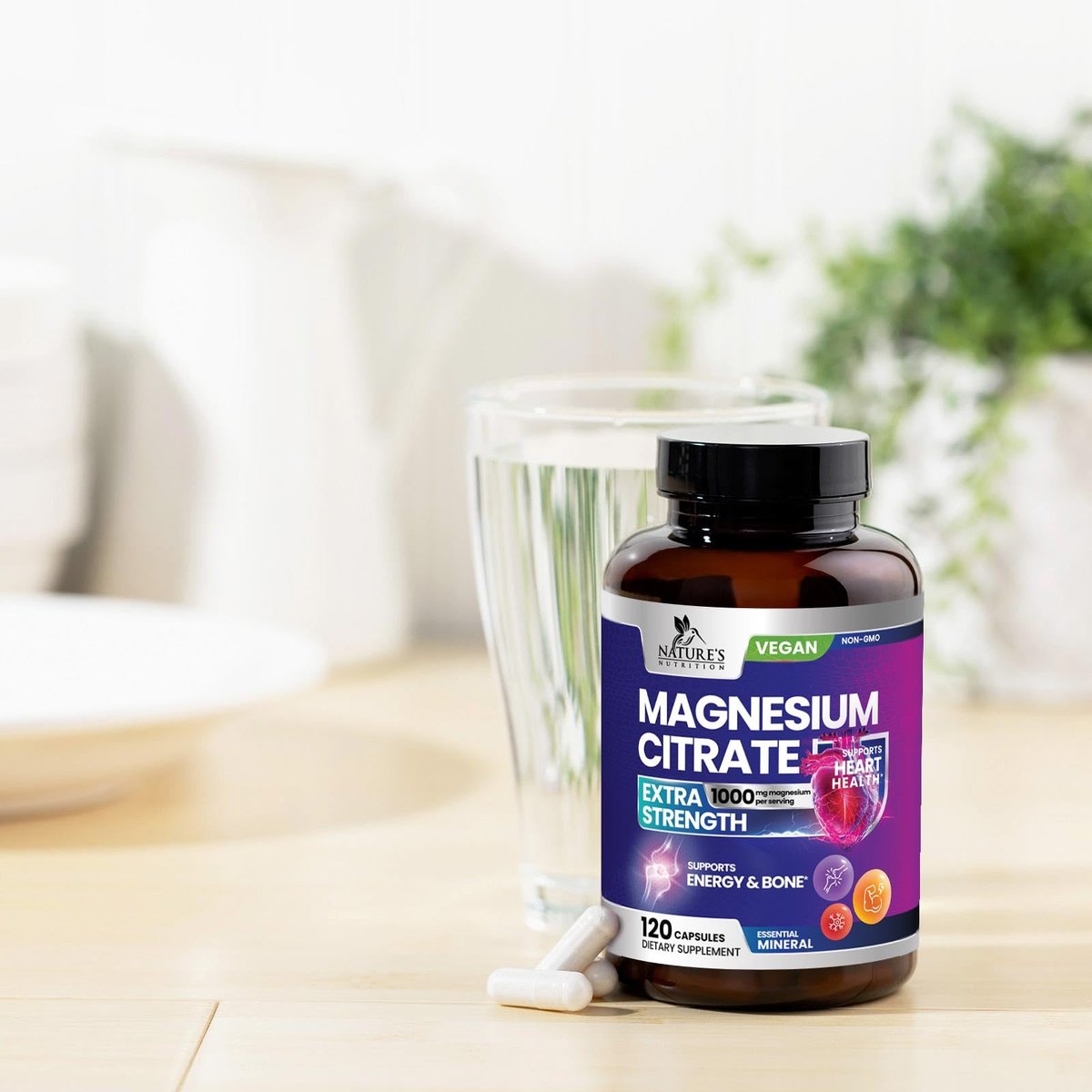 Magnesiumcitrat 1000mg pro Portion - 3-fach Stärke Magnesiumpräparat für Knochen, Muskeln, Herz, natürliche Schlafunterstützung für Männer & Frauen, vegane Mineralstoffkapseln, nicht-GVO, in den USA abgefüllt - 120 Kapseln