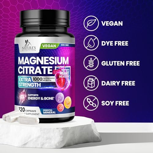 Magnesiumcitrat 1000mg pro Portion - 3-fach Stärke Magnesiumpräparat für Knochen, Muskeln, Herz, natürliche Schlafunterstützung für Männer & Frauen, vegane Mineralstoffkapseln, nicht-GVO, in den USA abgefüllt - 120 Kapseln