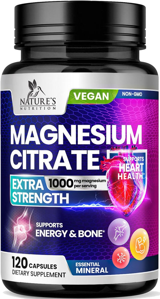 Magnesiumcitrat 1000mg pro Portion - 3-fach Stärke Magnesiumpräparat für Knochen, Muskeln, Herz, natürliche Schlafunterstützung für Männer & Frauen, vegane Mineralstoffkapseln, nicht-GVO, in den USA abgefüllt - 120 Kapseln