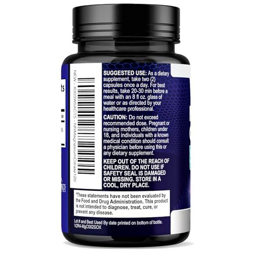 Magnesiumcitrat 1000mg pro Portion - 3-fach Stärke Magnesiumpräparat für Knochen, Muskeln, Herz, natürliche Schlafunterstützung für Männer & Frauen, vegane Mineralstoffkapseln, nicht-GVO, in den USA abgefüllt - 120 Kapseln