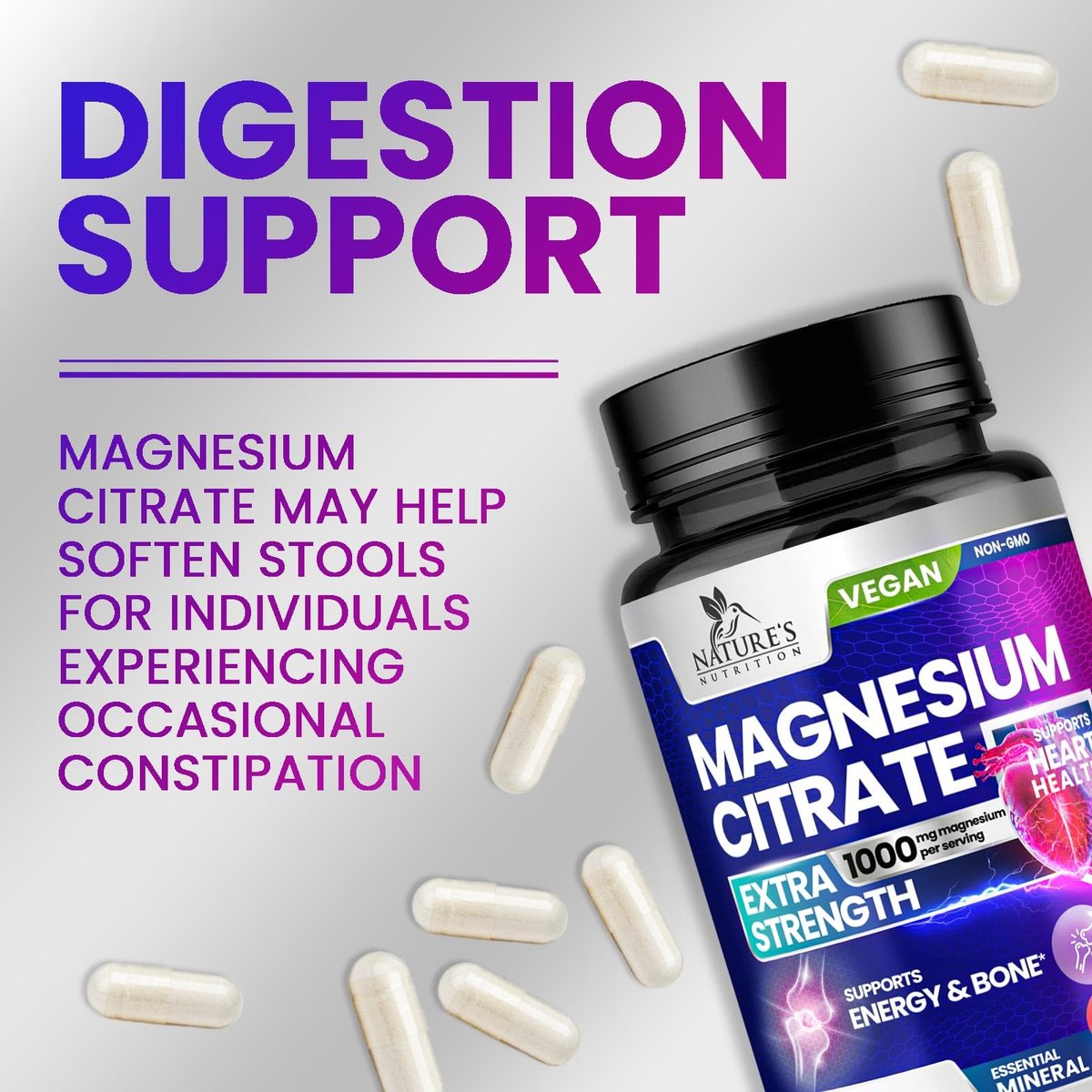 Magnesiumcitrat 1000mg pro Portion - 3-fach Stärke Magnesiumpräparat für Knochen, Muskeln, Herz, natürliche Schlafunterstützung für Männer & Frauen, vegane Mineralstoffkapseln, nicht-GVO, in den USA abgefüllt - 120 Kapseln