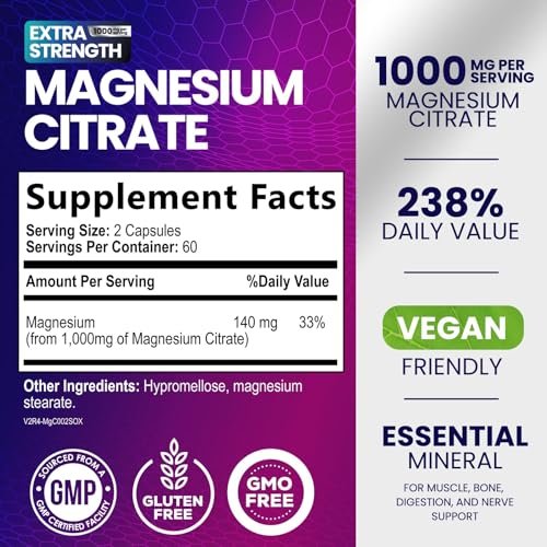 Magnesiumcitrat 1000mg pro Portion - 3-fach Stärke Magnesiumpräparat für Knochen, Muskeln, Herz, natürliche Schlafunterstützung für Männer & Frauen, vegane Mineralstoffkapseln, nicht-GVO, in den USA abgefüllt - 120 Kapseln