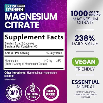 Magnesiumcitrat 1000mg pro Portion - 3-fach Stärke Magnesiumpräparat für Knochen, Muskeln, Herz, natürliche Schlafunterstützung für Männer & Frauen, vegane Mineralstoffkapseln, nicht-GVO, in den USA abgefüllt - 120 Kapseln