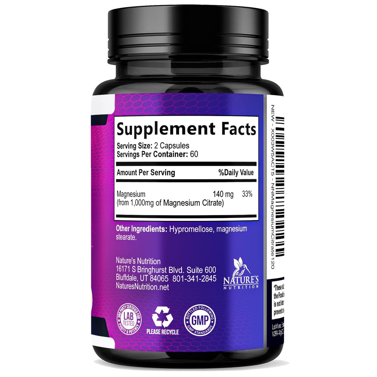 Magnesiumcitrat 1000mg pro Portion - 3-fach Stärke Magnesiumpräparat für Knochen, Muskeln, Herz, natürliche Schlafunterstützung für Männer & Frauen, vegane Mineralstoffkapseln, nicht-GVO, in den USA abgefüllt - 120 Kapseln