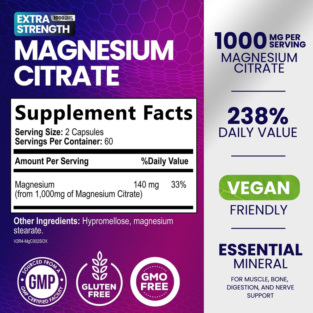 Magnesiumcitrat 1000mg pro Portion - 3-fach Stärke Magnesiumpräparat für Knochen, Muskeln, Herz, natürliche Schlafunterstützung für Männer & Frauen, vegane Mineralstoffkapseln, nicht-GVO, in den USA abgefüllt - 120 Kapseln