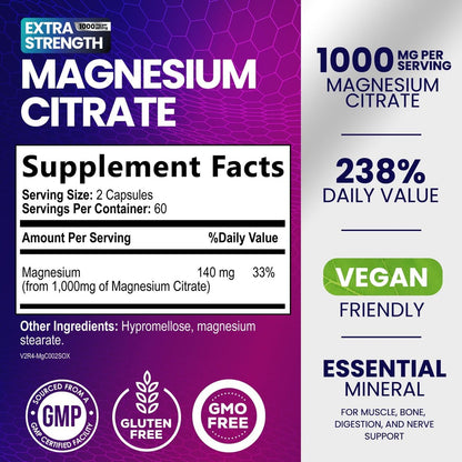Magnesiumcitrat 1000mg pro Portion - 3-fach Stärke Magnesiumpräparat für Knochen, Muskeln, Herz, natürliche Schlafunterstützung für Männer & Frauen, vegane Mineralstoffkapseln, nicht-GVO, in den USA abgefüllt - 120 Kapseln