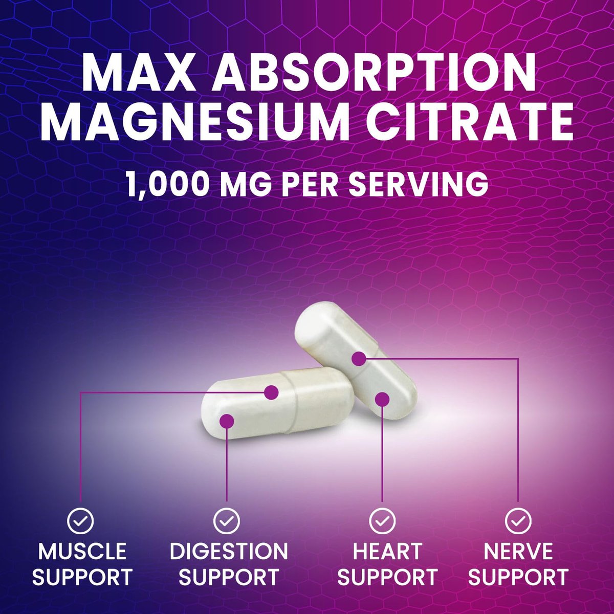 Magnesiumcitrat 1000mg pro Portion - 3-fach Stärke Magnesiumpräparat für Knochen, Muskeln, Herz, natürliche Schlafunterstützung für Männer & Frauen, vegane Mineralstoffkapseln, nicht-GVO, in den USA abgefüllt - 120 Kapseln