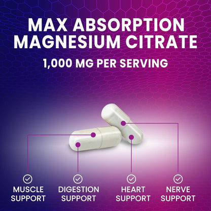 Magnesiumcitrat 1000mg pro Portion - 3-fach Stärke Magnesiumpräparat für Knochen, Muskeln, Herz, natürliche Schlafunterstützung für Männer & Frauen, vegane Mineralstoffkapseln, nicht-GVO, in den USA abgefüllt - 120 Kapseln