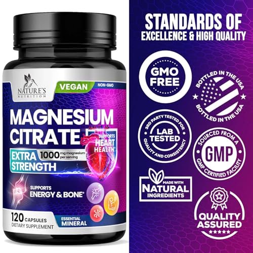Magnesiumcitrat 1000mg pro Portion - 3-fach Stärke Magnesiumpräparat für Knochen, Muskeln, Herz, natürliche Schlafunterstützung für Männer & Frauen, vegane Mineralstoffkapseln, nicht-GVO, in den USA abgefüllt - 120 Kapseln