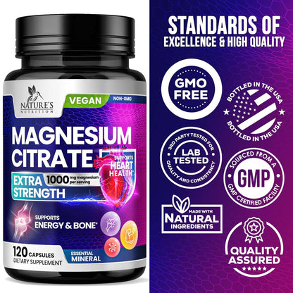 Magnesiumcitrat 1000mg pro Portion - 3-fach Stärke Magnesiumpräparat für Knochen, Muskeln, Herz, natürliche Schlafunterstützung für Männer & Frauen, vegane Mineralstoffkapseln, nicht-GVO, in den USA abgefüllt - 120 Kapseln
