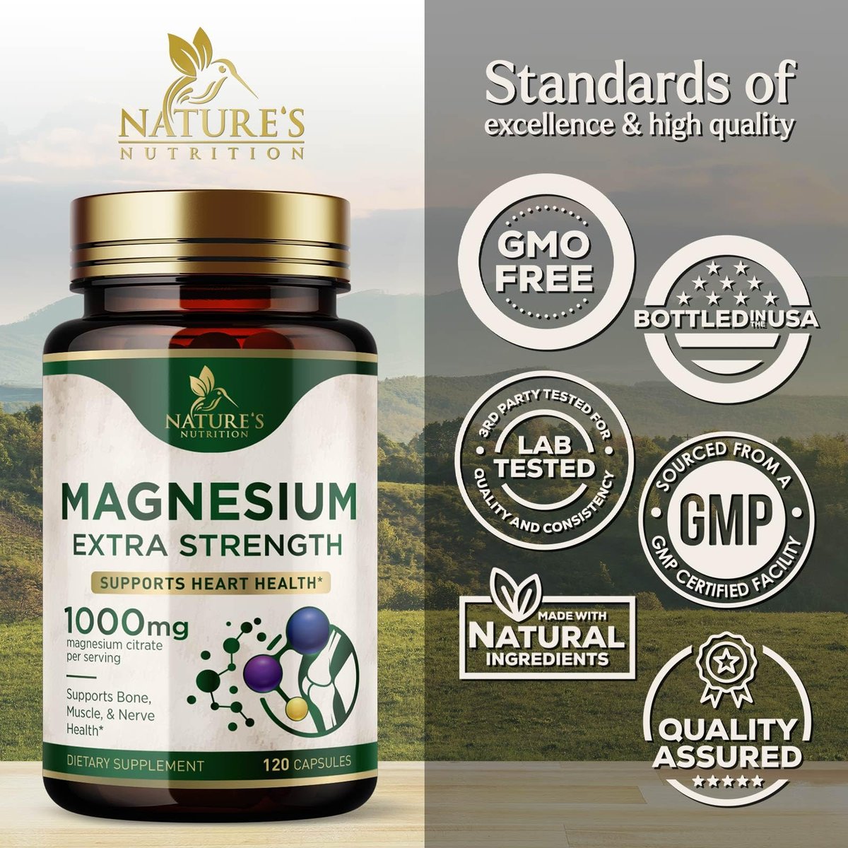 Magnesiumcitrat 1000 mg pro Portion – Extra starkes Magnesium für Knochen-, Muskel-, Nerven- und Herzgesundheit, natürliches Magnesiumpräparat für Ruhe und Ganzkörperunterstützung, in den USA abgefüllt – 120 Kapseln