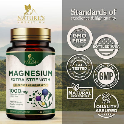 Magnesiumcitrat 1000 mg pro Portion – Extra starkes Magnesium für Knochen-, Muskel-, Nerven- und Herzgesundheit, natürliches Magnesiumpräparat für Ruhe und Ganzkörperunterstützung, in den USA abgefüllt – 120 Kapseln