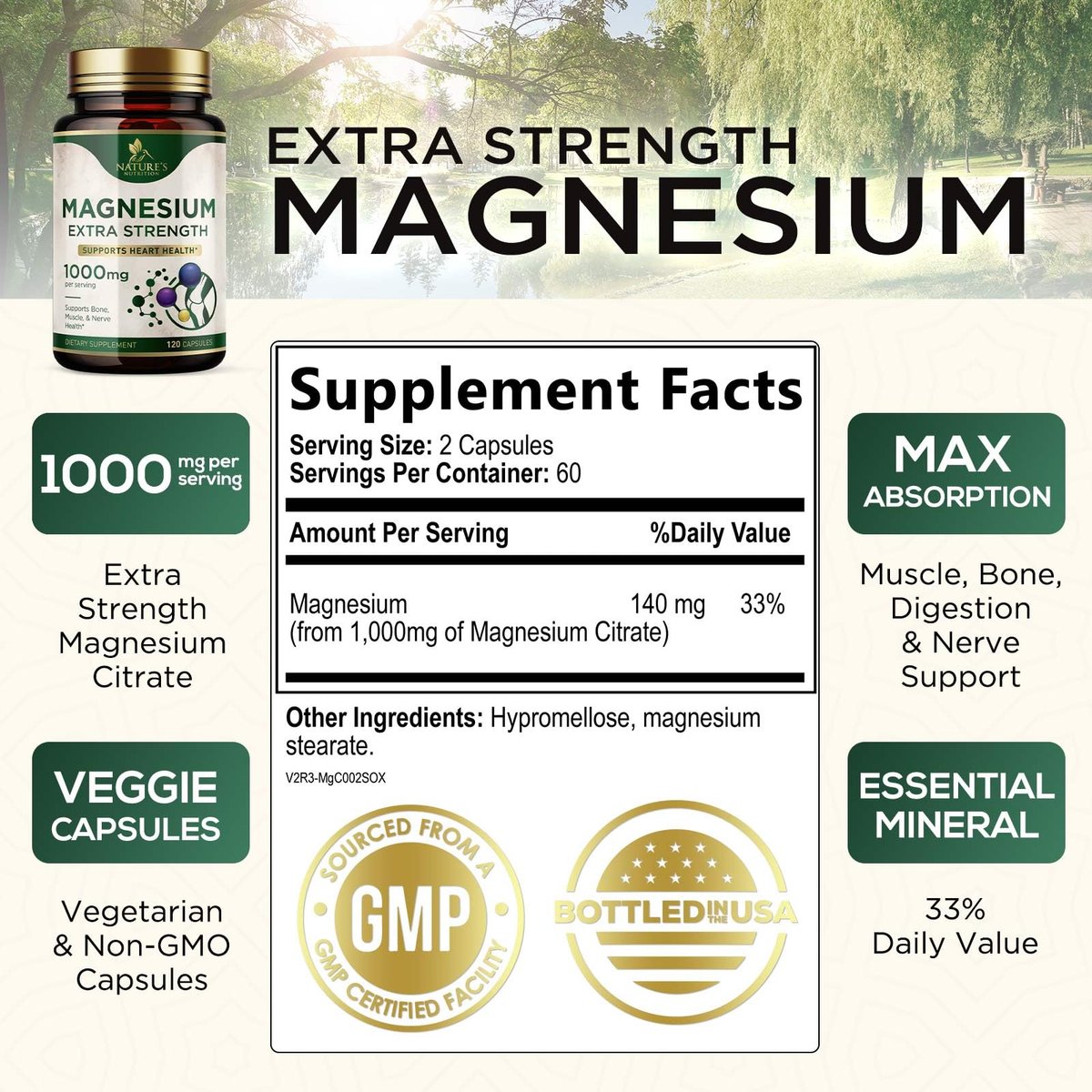 Magnesiumcitrat 1000 mg pro Portion – Extra starkes Magnesium für Knochen-, Muskel-, Nerven- und Herzgesundheit, natürliches Magnesiumpräparat für Ruhe und Ganzkörperunterstützung, in den USA abgefüllt – 120 Kapseln