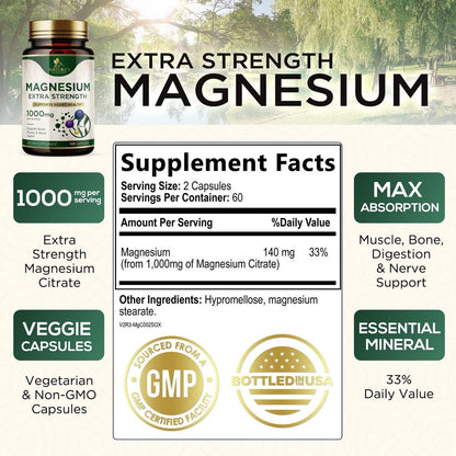 Magnesiumcitrat 1000 mg pro Portion – Extra starkes Magnesium für Knochen-, Muskel-, Nerven- und Herzgesundheit, natürliches Magnesiumpräparat für Ruhe und Ganzkörperunterstützung, in den USA abgefüllt – 120 Kapseln
