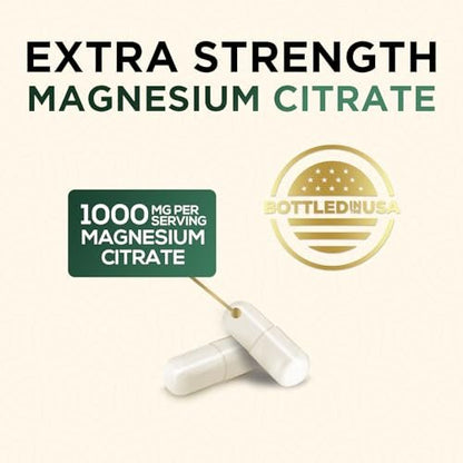 Magnesiumcitrat 1000 mg pro Portion – Extra starkes Magnesium für Knochen-, Muskel-, Nerven- und Herzgesundheit, natürliches Magnesiumpräparat für Ruhe und Ganzkörperunterstützung, in den USA abgefüllt – 120 Kapseln