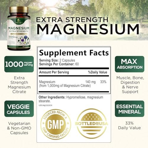 Magnesiumcitrat 1000 mg pro Portion – Extra starkes Magnesium für Knochen-, Muskel-, Nerven- und Herzgesundheit, natürliches Magnesiumpräparat für Ruhe und Ganzkörperunterstützung, in den USA abgefüllt – 120 Kapseln