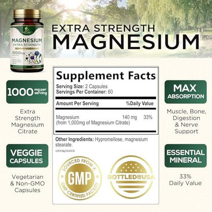 Magnesiumcitrat 1000 mg pro Portion – Extra starkes Magnesium für Knochen-, Muskel-, Nerven- und Herzgesundheit, natürliches Magnesiumpräparat für Ruhe und Ganzkörperunterstützung, in den USA abgefüllt – 120 Kapseln
